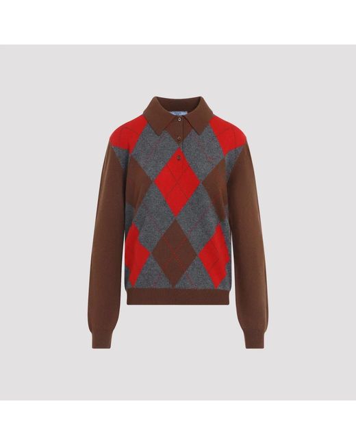 Prada Red Tabacco Ardesia Argyle Knit Polo Sweater