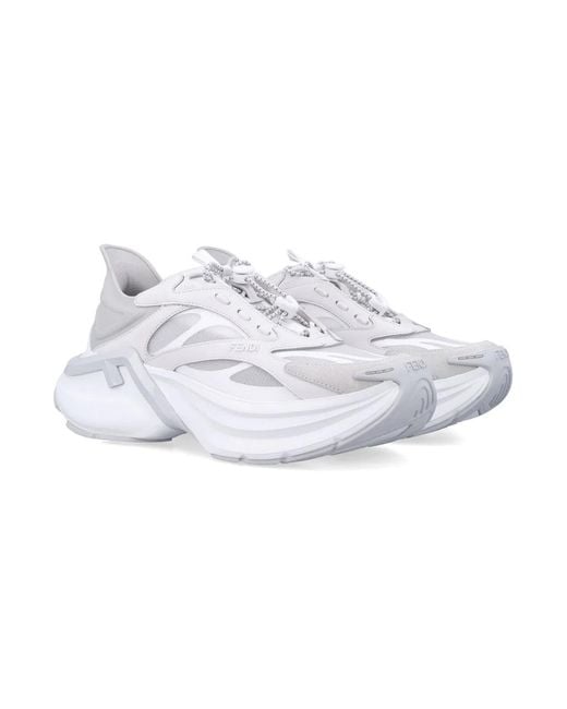 Fendi White F-Light Leather And Mesh Sneakers