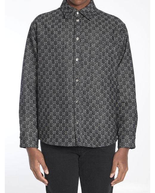 Gucci Gray Reversible Wool And Gg Denim Shirt for men