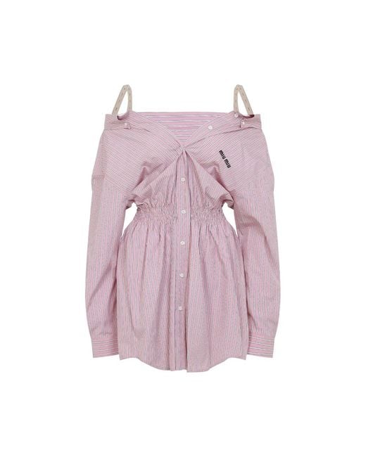 Miu Miu Purple Elasticated Waistband Striped Shirt Mini Dress