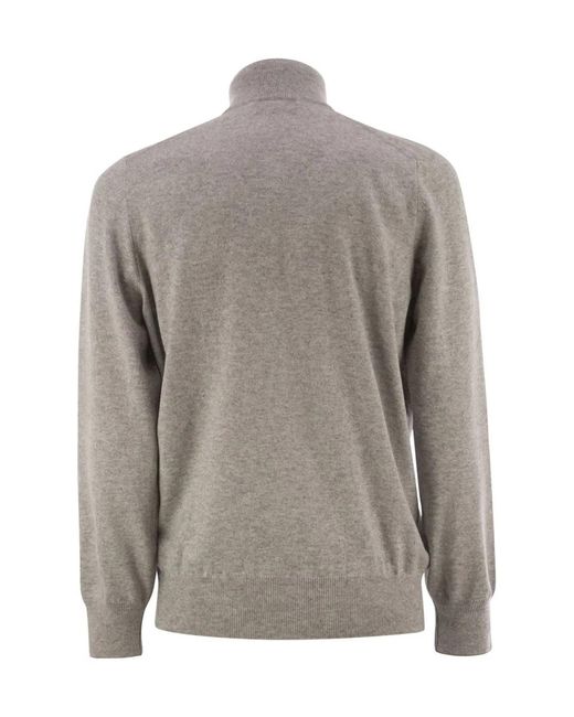 Brunello Cucinelli Gray High-Necked Cashmere Sweater With Zip Opening for men