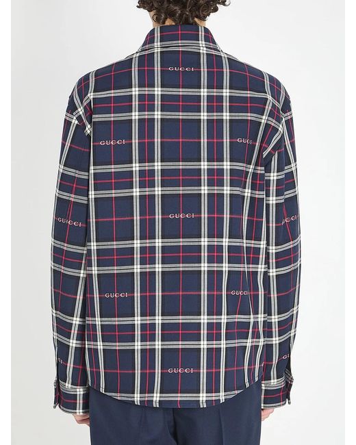 Gucci Blue Quilted Jacquard Cotton Tartan Shirt for men