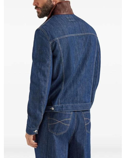 Brunello Cucinelli Blue Lightweight Denim Jacket With Leather Collar for men