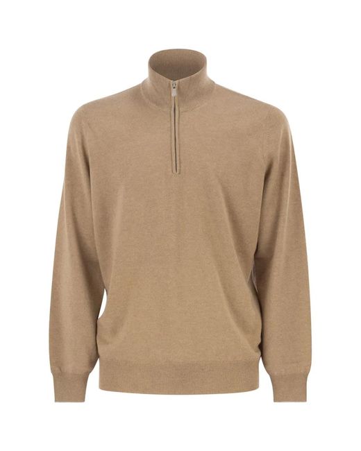Brunello Cucinelli Natural Cashmere Turtleneck Sweater With Zipper for men