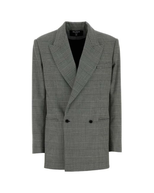 Balmain Gray Houndstooth Double-Breasted Wool-Blend Blazer