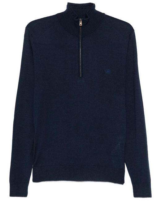Etro Blue Wool And Silk Zip-Up Sweater With Pegasus Embroidery for men