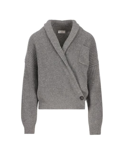Brunello Cucinelli Gray Sequin Wrap Cardigan