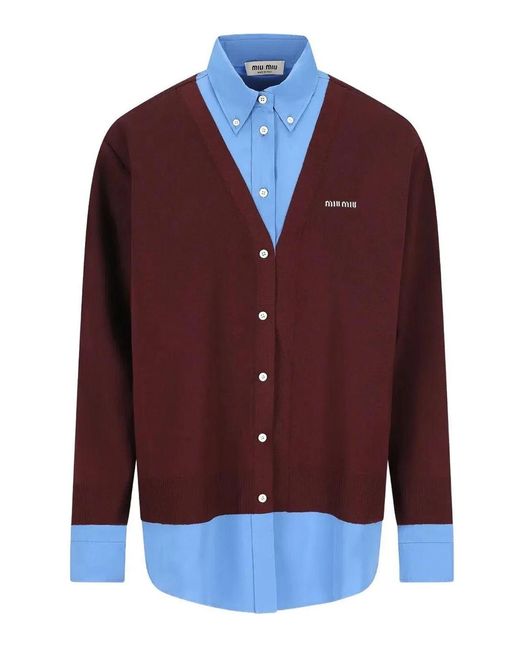 Miu Miu Red Wool Cardigan With Cotton Details