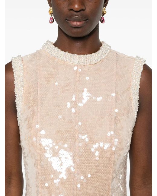 Self-Portrait Natural Sequin Pearl Trim Midi Dress