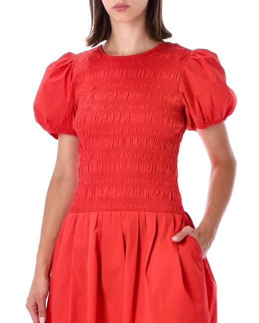Ganni Red Smocked Cotton Midi Dress