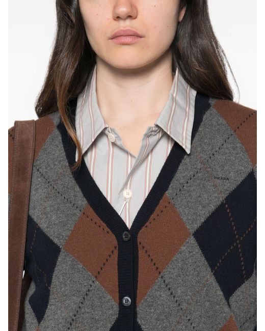 Prada Black Argyle-Knit V-Neck Cardigan