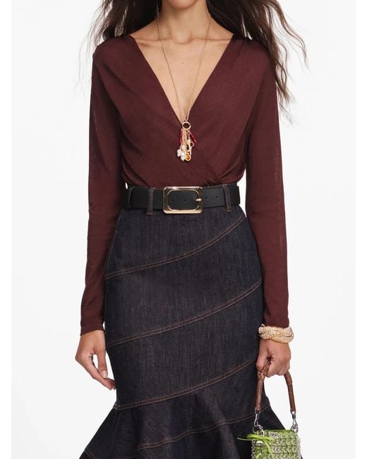 Self-Portrait White Denim Belted Midi Skirt