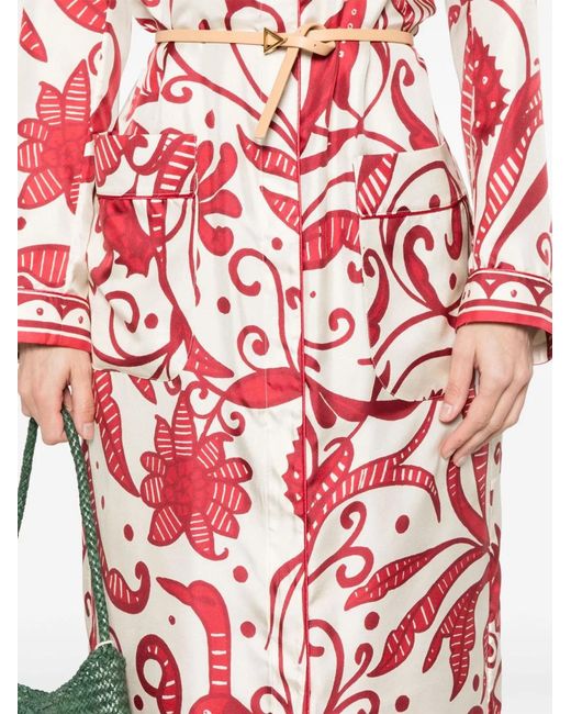 F.R.S For Restless Sleepers Red F.R. For Restless Sleepers Printed Silk Long Shirtdress