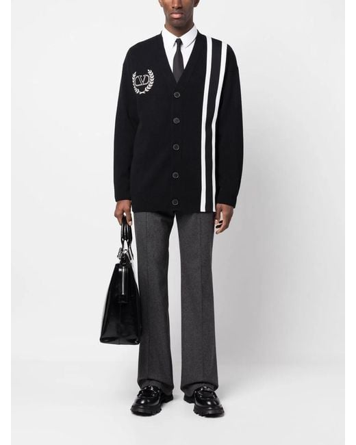 Valentino Black Embroidered Logo With Stripes Cardigan for men
