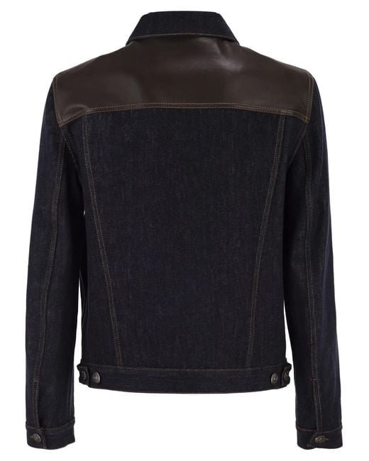 Brunello Cucinelli Black Cotton Denim Jacket With Leather Details for men