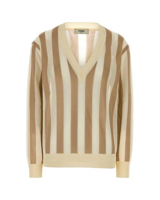 Fendi Natural Embroidered Silk Blend Sweater