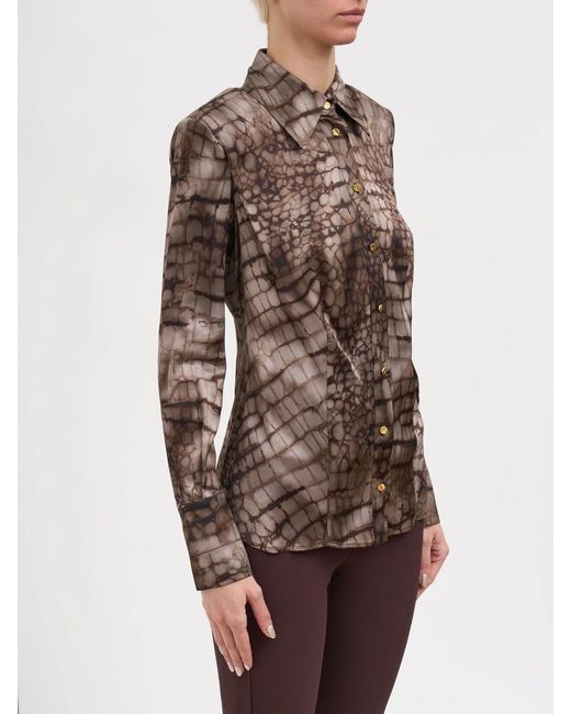 Elisabetta Franchi Brown Satin Shirt With Alligator Print