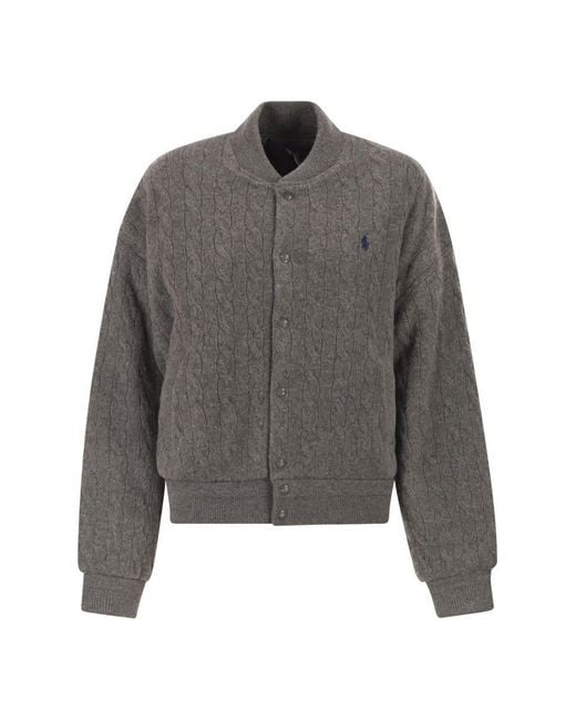 Polo Ralph Lauren Gray Wool And Cashmere Bomber Jacket With Cable Knit