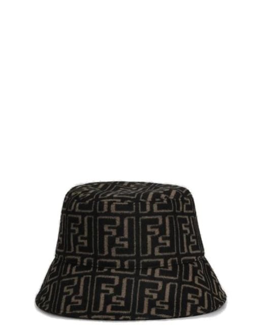 Fendi Black Logo Printed Raffia Bucket Hat for men
