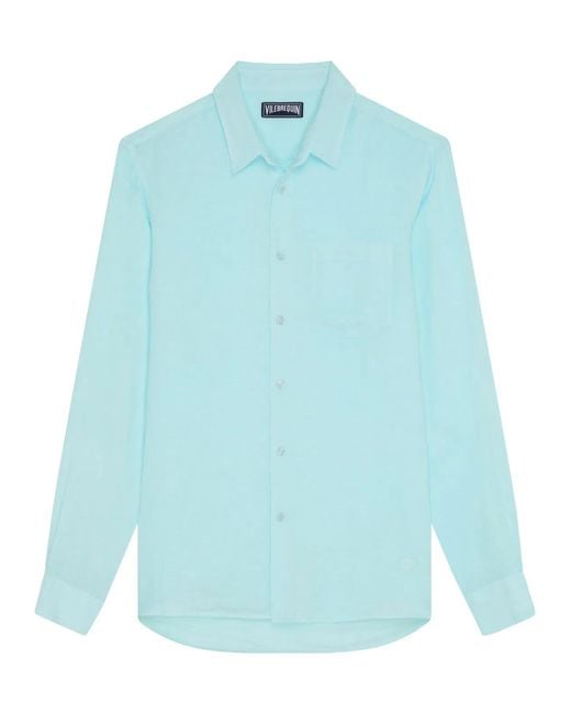Vilebrequin Blue Plain Linen Shirt With A Pocket for men