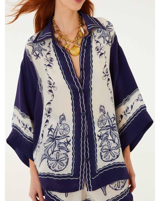 Farm Rio Blue Shirt With Coast Scarf Print