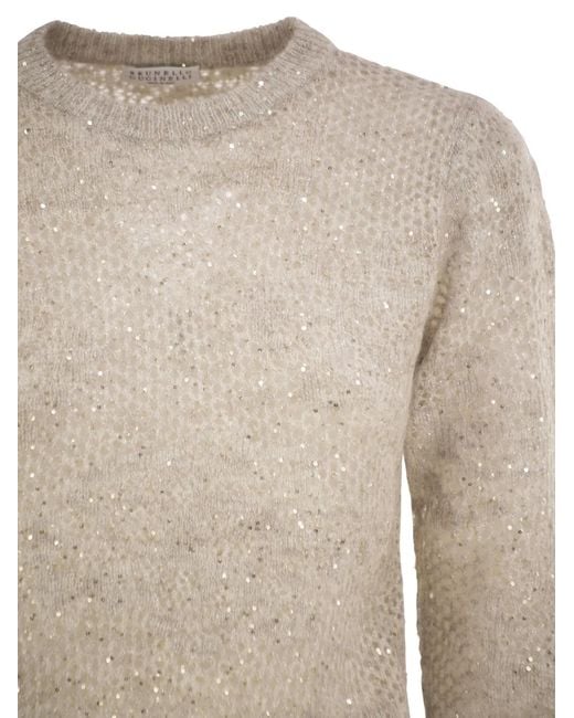 Brunello Cucinelli Natural Crew-Neck Mohair And Wool-Blend Sweater With Sequins
