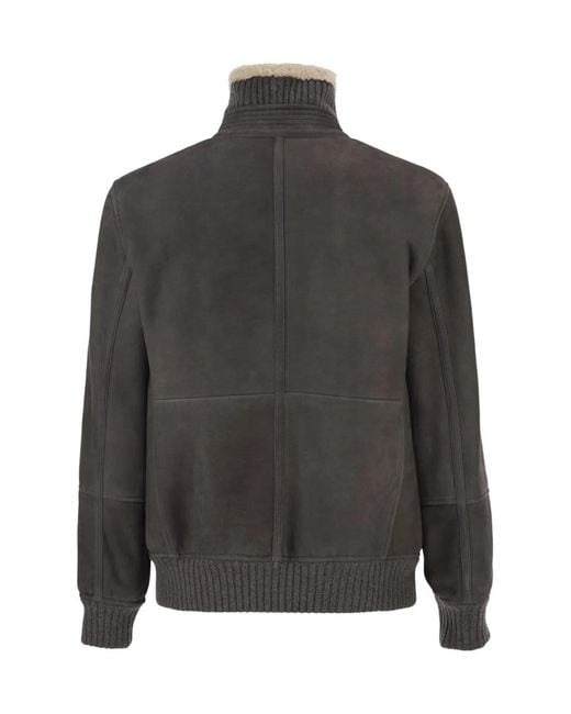 Brunello Cucinelli Black Shearling Jacket Featuring A Ribbed High Neck And Front Zip Fastening for men