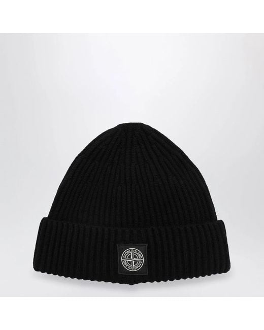 Stone Island Black Compass Patch Beanie for men
