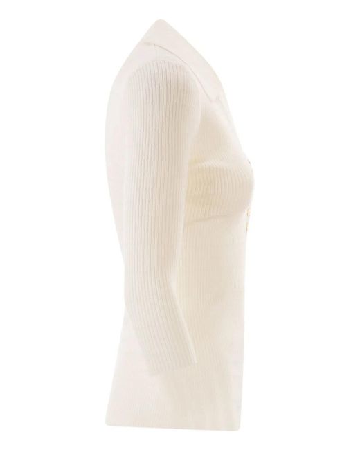 Elisabetta Franchi White Micro-Cable Knit Polo Shirt