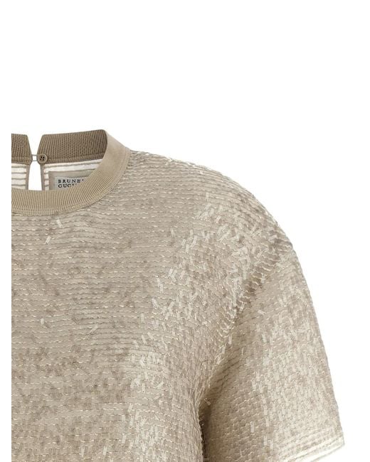 Brunello Cucinelli White 'Dazzling Cascade Embroidery' T-Shirt