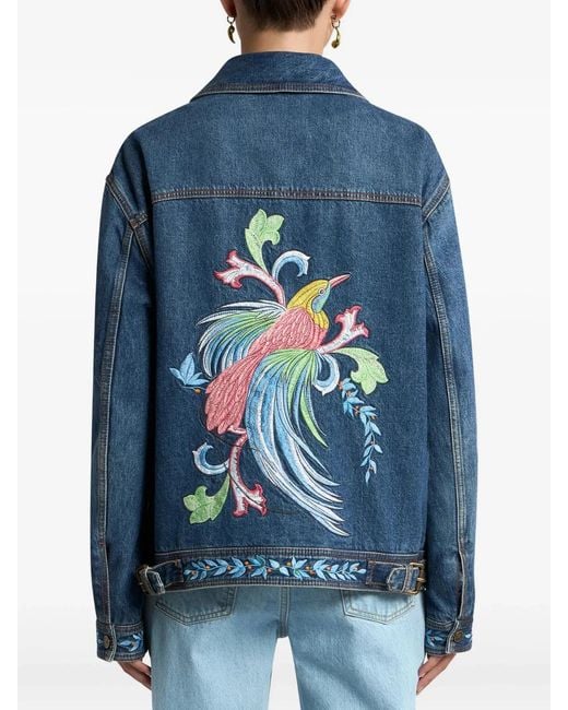 Etro Blue Loose Fit Denim Jacket With Embroidery