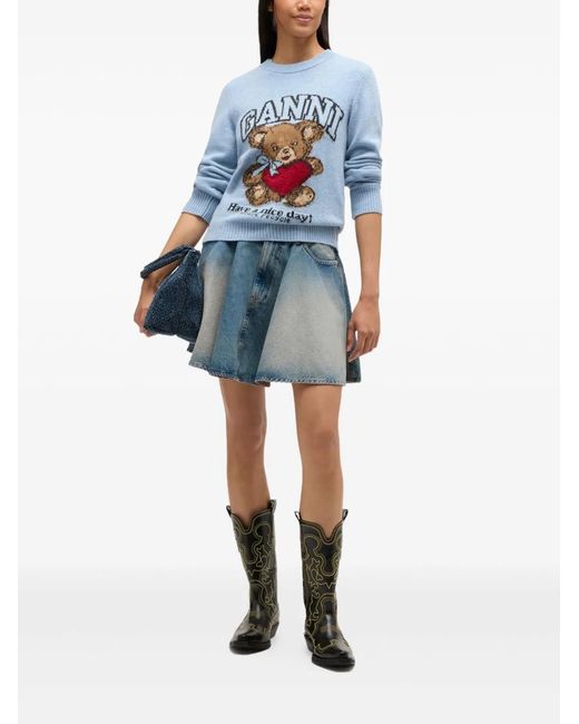 Ganni Blue Wool Crewneck Sweater