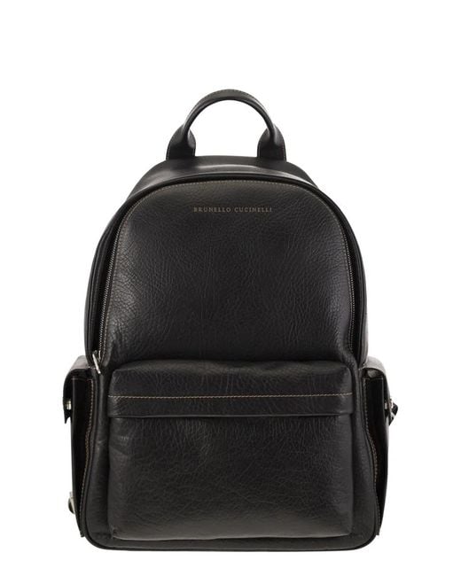 Brunello Cucinelli Black Grained Leather Backpack for men
