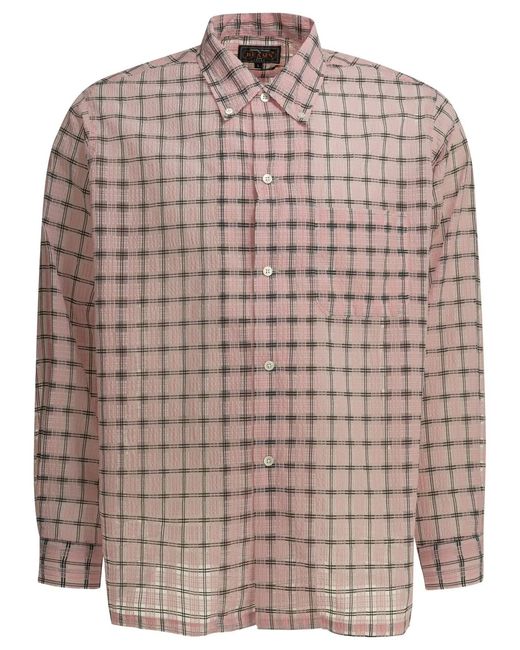 Beams Plus Brown Open Db Nylon Airy Plaid Nylon Casual Shirt for men