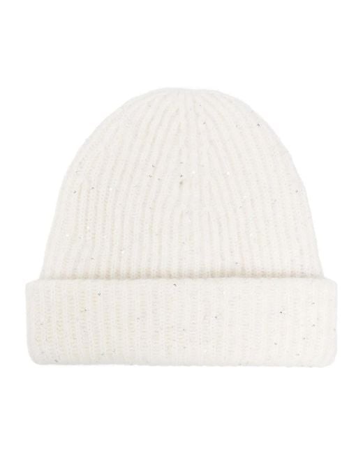 Fabiana Filippi White Ribbed Knit Sequin Embellished Hat