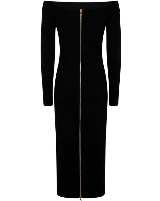 Balmain Black Ls Double Collar Knit Zipped Midi Dress