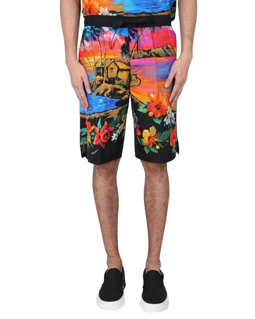 Dolce & Gabbana Red Dolce & Gabbana Bermuda Shorts With Sunset Print for men