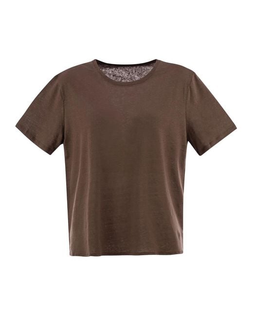 Majestic Brown Linen Crew-Neck T-Shirt