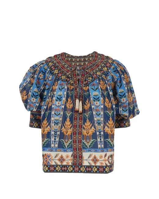 Farm Rio Blue Embroidered Tapestry Short Sleeve Blouse