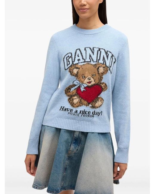 Ganni Blue Wool Crewneck Sweater