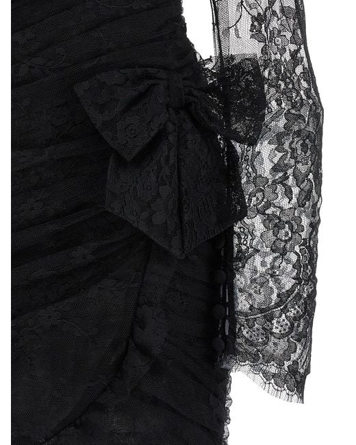 Alessandra Rich Black Draped Lace Mini Dress With Plunging Neckline