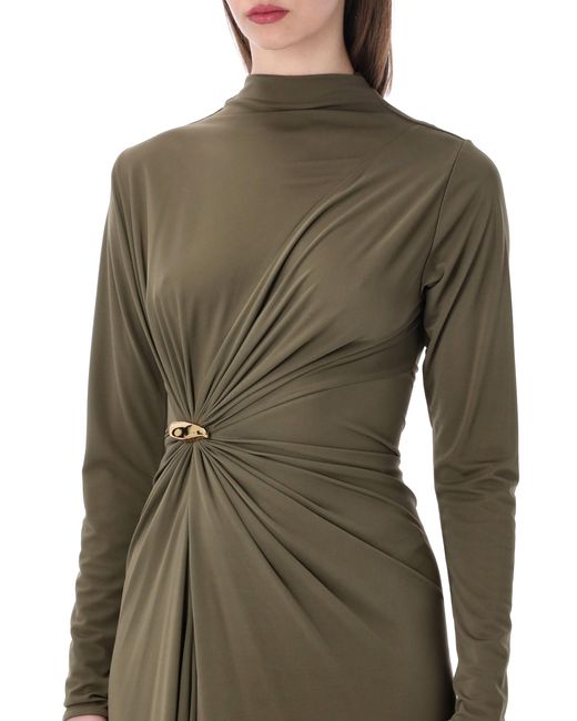 Bottega Veneta Green Elegant Sculptural Dress With High Neck And Brooch