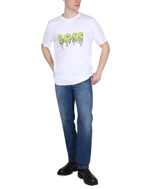 Boss White Logo Print Tshirt for men
