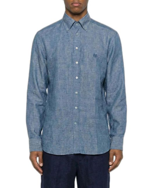 Etro Blue Air Force Linen Roma Logo Shirt for men