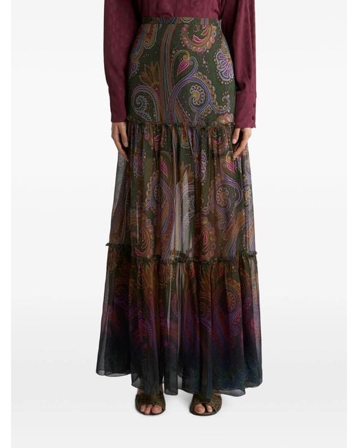 Etro Brown Silk Maxi Skirt With Placed Paisley Print
