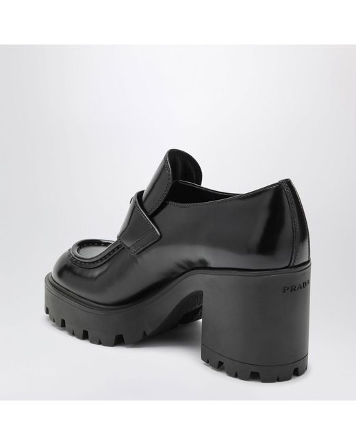 Prada Black Brushed Leather Heeled Loafers