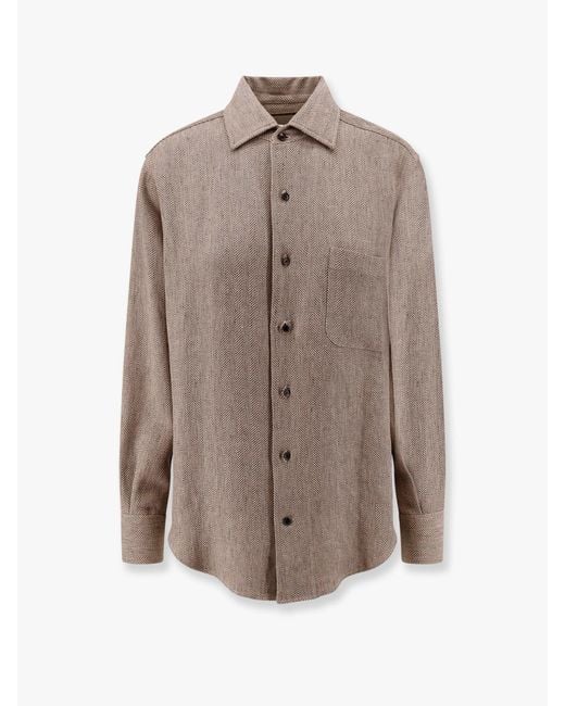 Loro Piana Brown André Linen Shirt With Herringbone Motif