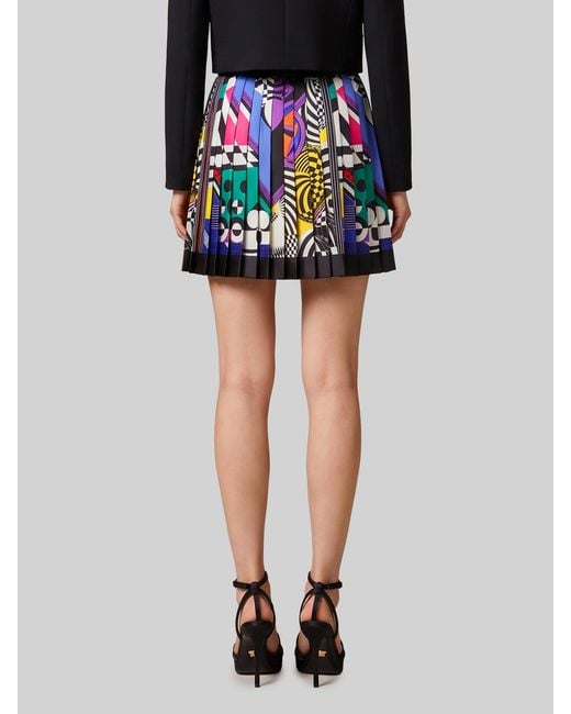 Versace Blue Printed Silk Twill Pleated Miniskirt