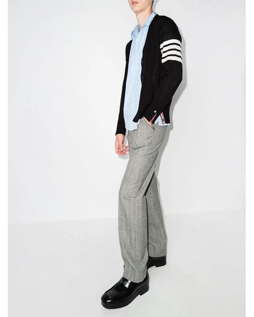 Thom Browne Black Cardigan Laine Mérinos Gris Chiné Col V Bandes Manche for men