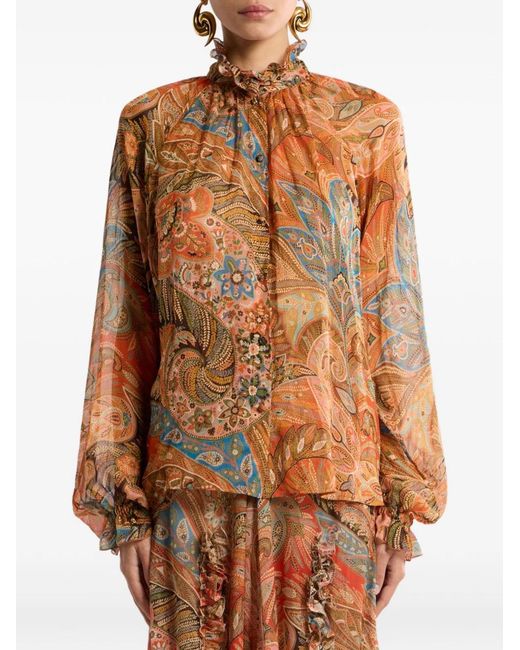 Etro Brown Silk Shirt With Ruffles And Paisley Motif